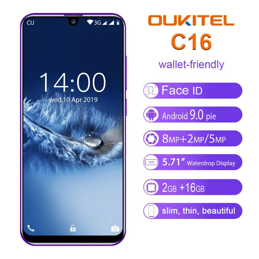 OUKITEL C16 5,7" HD+ 19:9 водонепроницаемый смартфон отпечаток пальца Android 9,0 мобильный телефон MT6580P 2G ram 16G rom 2600mAh разблокировка