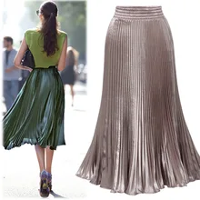 Новинка, весна-лето, Женская однотонная сатиновая плиссированная юбка, эластичная высокая талия, металлический цвет, до середины икры, длинная Тюлевая юбка трапециевидной формы