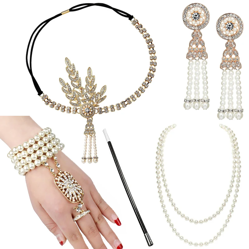 1920s Flapper Bracelet & Ring Set - Imitation Pearl & Crystal Stretch Bracelet For Women, Vintage Party Jewelry