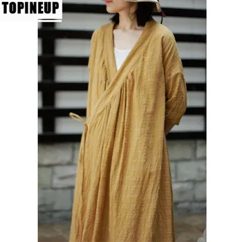 

2020 Women's casual retro solid color cardigan belt Cotton and Linen Loose Half-Sleeve Dress