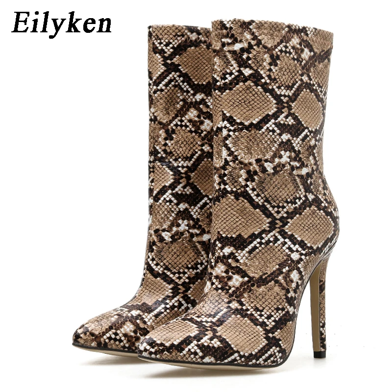 

EilyKen Women Boots Snakeskin Winter Short Boot Serpentine 2019 Stylish Zipper Pointed Toe Shoes High Heel Stiletto Heels Sexy