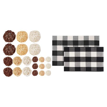 

21 Pcs Mixed 3 Colors Rattan Balls Vase Fillers (3Cm/5Cm/7Cm) & 2Pcs Indoor Outdoor Doormats Checkered Rug