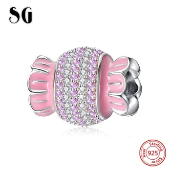 

925 Sterling Silver pink white CZ candy charms beads Fit Original Pandora Bracelet DIY fashion Jewelry making for Gifts