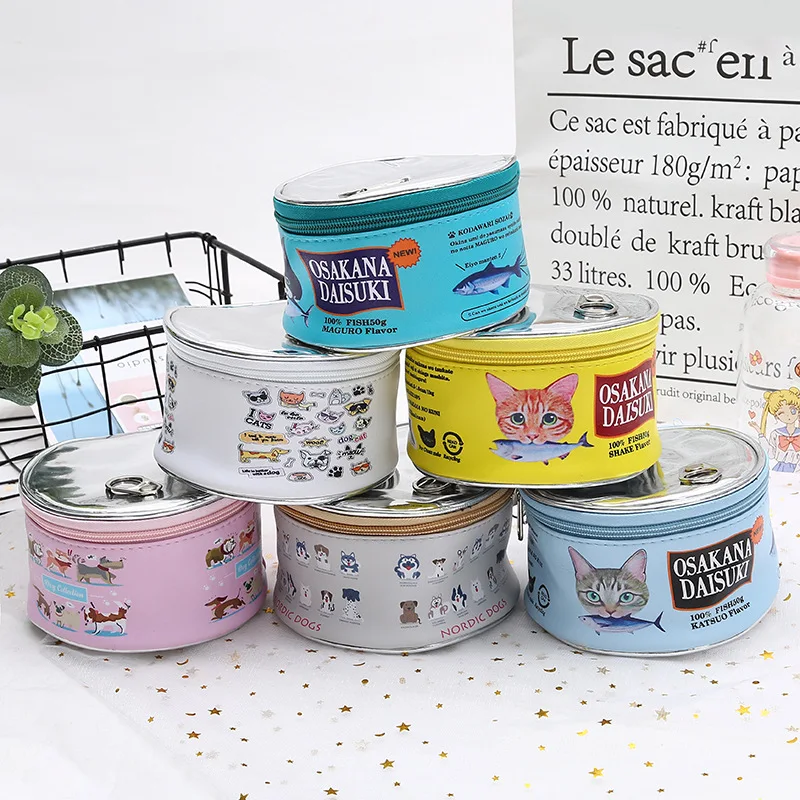  Large-capacity Round Cosmetic Bag Creative Cat Eating Fish Pattern Canned Type Cosmetic Bag Storage
