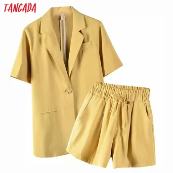 

Tangada 2020 summer female yellow short sleeve blazer shorts set suit 2 piece set suit and shorts 8X04