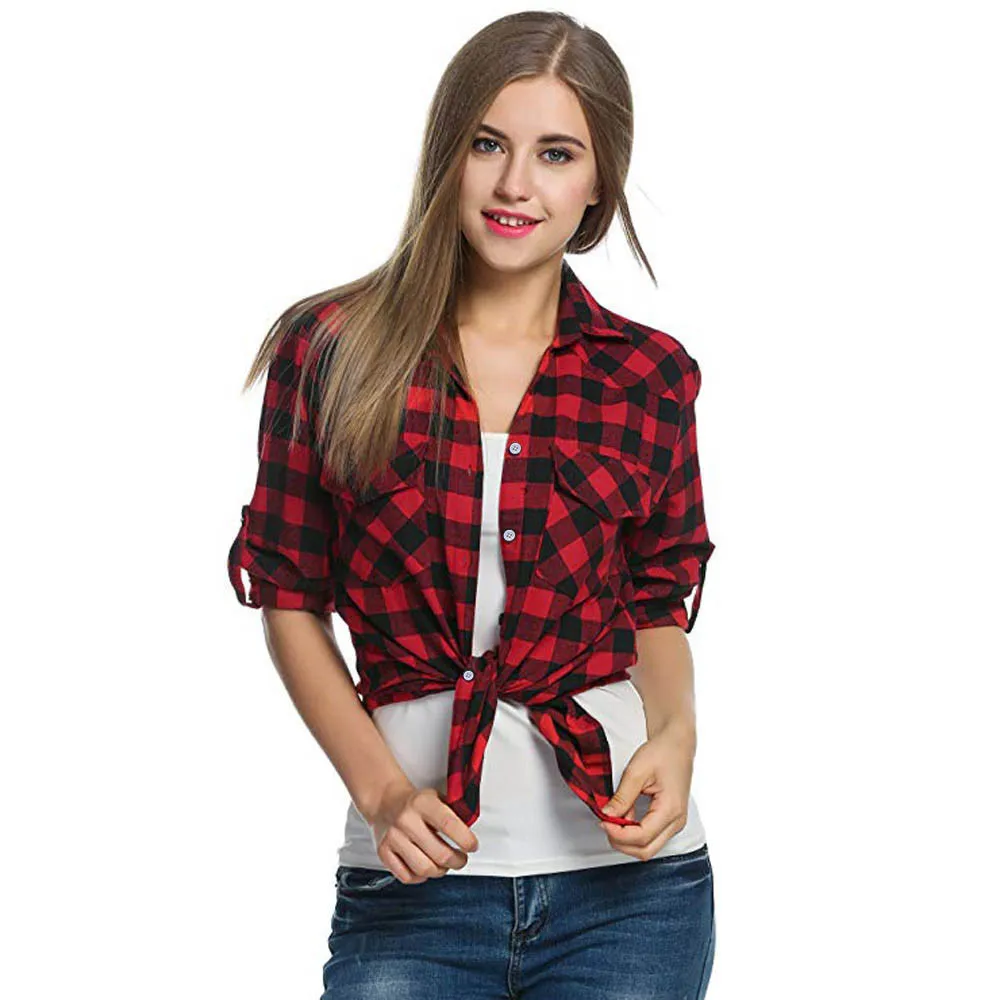 

Tartan Plaid Flannel Women Shirts Blouse Womens Roll Up Sleeve Casual Button Down Blouse Women Tops And Blouses Woman 2020