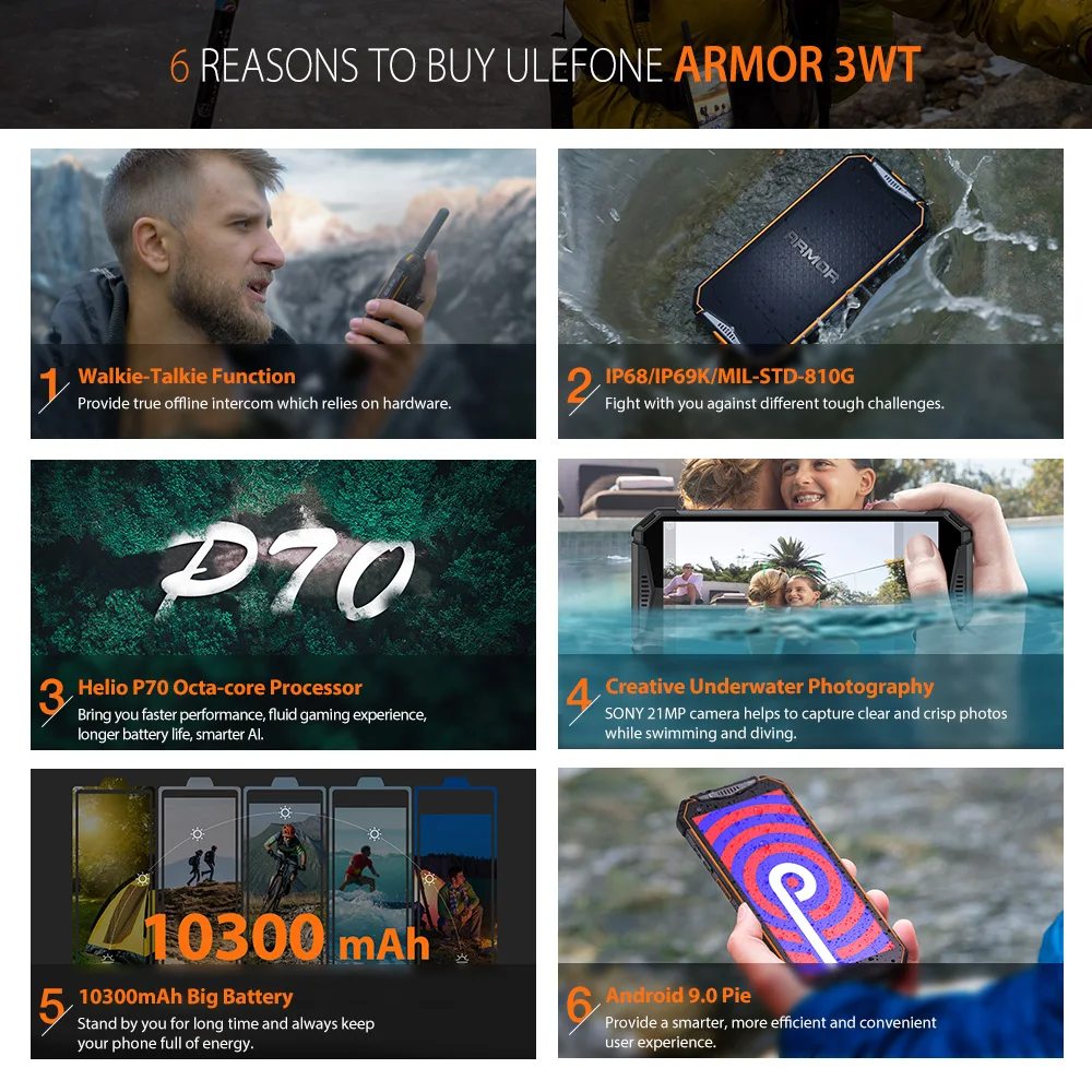 Ulefone Armor 3WT 5,7 ''Android 9,0 мобильный телефон 6 Гб 64 Гб 10300 мАч рация Helio P70 Восьмиядерный двойной SIM NFC OTG Смартфон