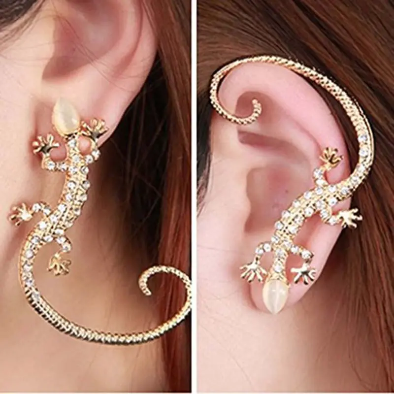 Fashion Gold Silver Rhineston Ear Cuff Earrings luxury Elegant Gecko Lizards And Snake Exaggerated Studs Women | Украшения и