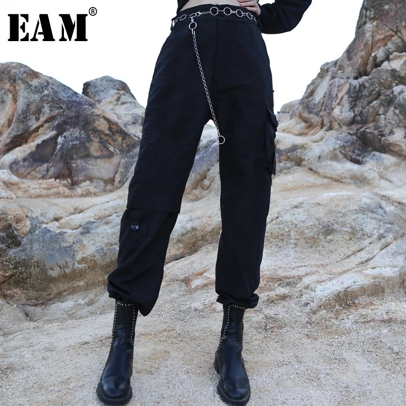 

[EAM] High Elastic Waist Pocket Trousers New Loose Fit Cargo Pants Women Fashion Tide All-match Spring Autumn 2019 1A952