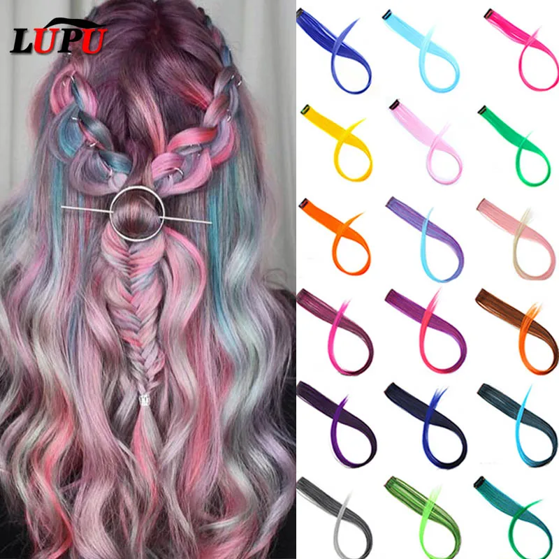 LUPU Colored Synthetic Hair Extensions Long Straight Fake Hair Clips In One Piece Ombre Rainbow Hairpieces Pink Purple Red Grey