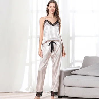 

QWEEK Sexy Lace Pajamas Stripes Pyjamas Spaghetti Strap Sleepwear for Women Comfortable Homewear Two Piece Pijamas 2020