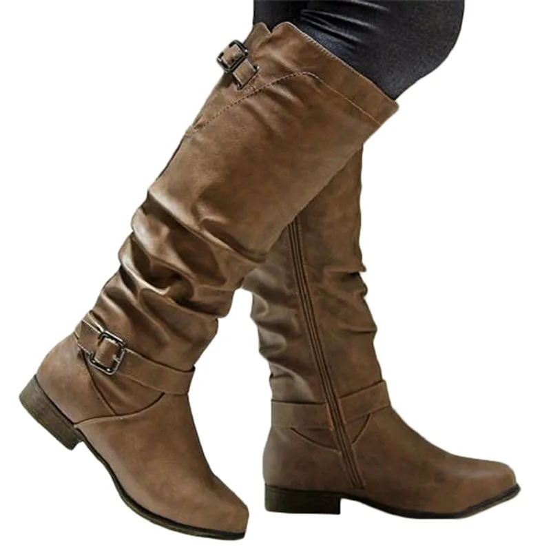 

Lucyever Plus Size 43 Soft Leather Knee High Boots Women Retro Buckle Long Boots Female 2019 Autumn Winter Pleated Ladeis Shoes