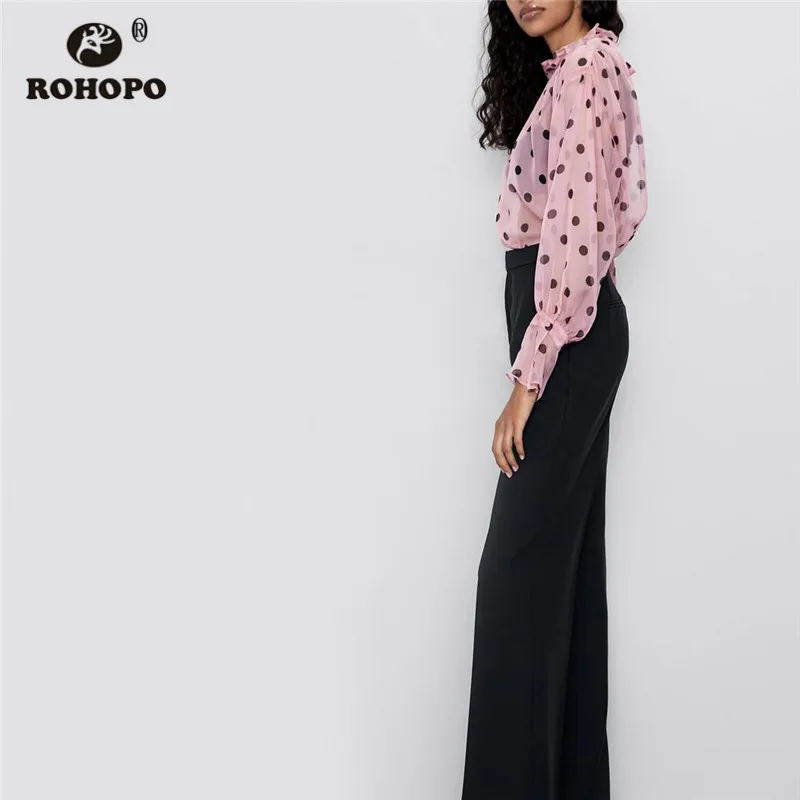 ROHOPO гофрированная полуводолазка фонарь с длинным рукавом Polk Dot Розовая Шифоновая Блузка полупрозрачный Женский пуловер Блуза#2418
