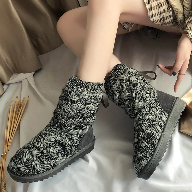 

Round head snow boots 2019 ladies winter knitting yarnMid-Calf Female Warm Fur Plush Insole High Quality Botas Mujer Size 35-40