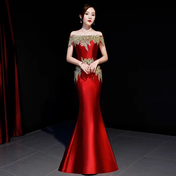 

New Burgundy Mermaid Full Length Cheongsam Sexy Off Shoulder Vintage Evening Party Dress Women Qipao Summer Chinese Size S-XXL