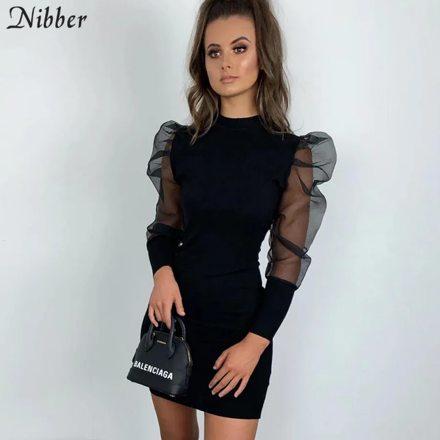 NIBBER черное просвечивающее Сетчатое элегантное облегающее платье с длинными рукавами для женщин тонкое офисное женское стрейчевое тонкое мягкое мини-платье mujer