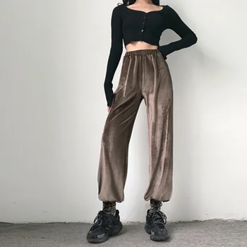 

YYXZ Spring Fashion Slim Solid Color SML High Waist Elastic Waist Hip Hop Woman Casual Velour Pants Lady Trousers Streetwear