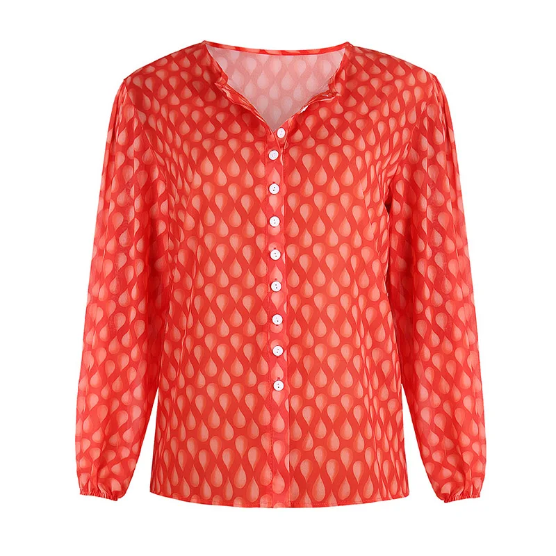 Elsvios 5XL сексуальная шифоновая блузка с v-образным вырезом и пуговицами Женская Осенняя блузка с длинными рукавами рубашка винтажная женская верхняя блуза с принтом цепи Mujer