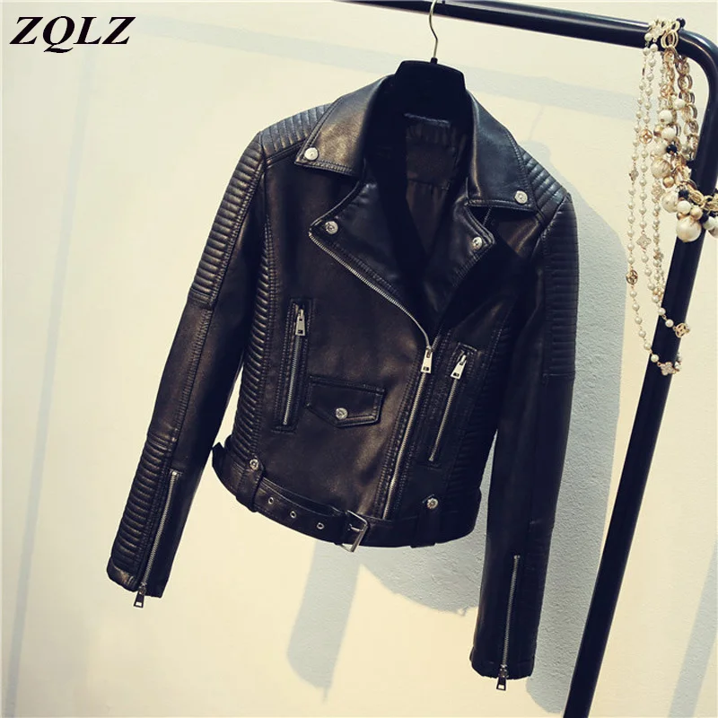 

Zqlz Women Leather Jacket Motorcycle Autumn Long Sleeve Zipper Soft Faux Leather Jackets Black Ladies Female Coats Outerwear