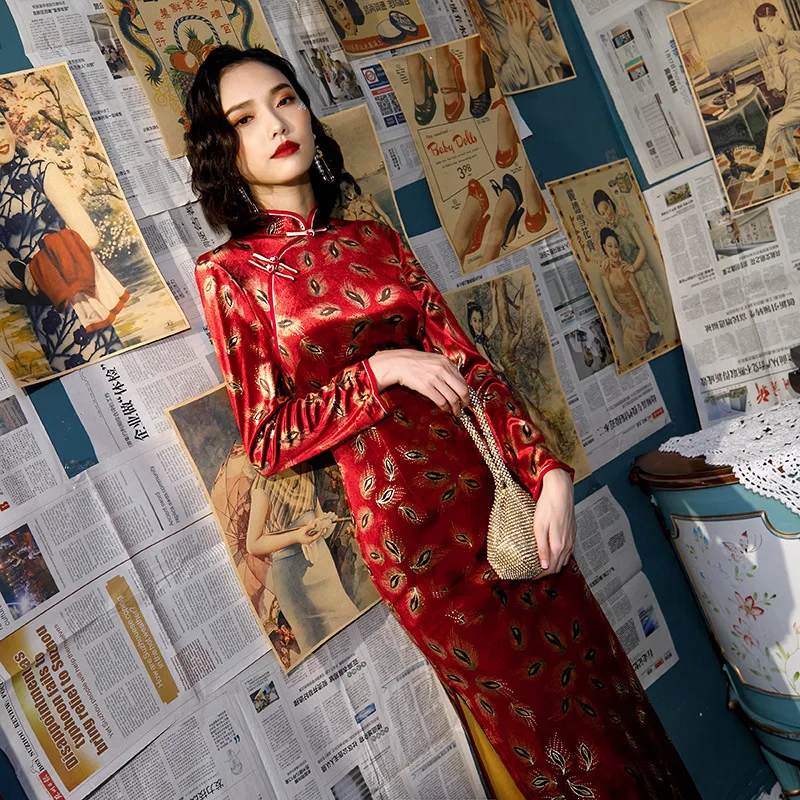С длинным рукавом бархат Cheongsam китайские платья Павлин перо узор вечернее Золотое велюровое платье-Ципао из мягкой ткани 3XL 4XL 5XL