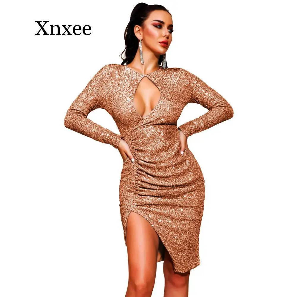 

Luxury birthday party 2020 Spring Women Sexy Sequined Dress Irregular Mini Dress Long Sleeve Folds Patchwork Solid Night Club