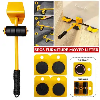 

5pcs Furniture Mover Tool Set Furniture Transport Lifter Heavy Stuffs Moving Tool 4 Wheeled Mover Roller Wheel Bar Hand Tools