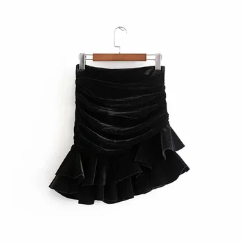 

Autumn 2019 women's new high waist thin hem pleats and laminated velvet mini skirt 08274793800