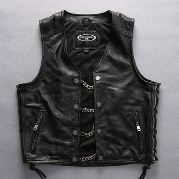 

2019 New Men Black Thick Cowskin Motorcycle Leatehr Vest Jacket Fashion Placket with steel chain Riding Biker Vests