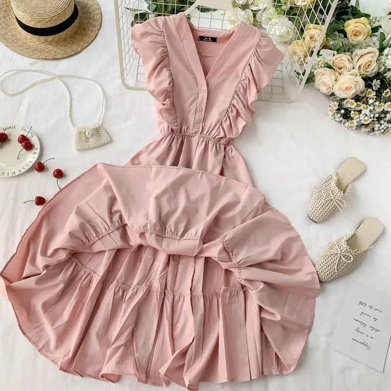 Elegant Women Midi Dress Fashion Summer Button A Line Sleeveless Ruffles Button High Waist Female Beach Vestidos New
