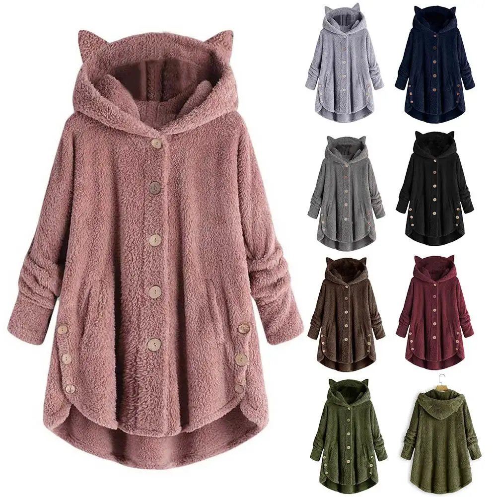 

11.11 Women's Plus Velvet Sports Winter Cute Cats Ears Hooded Irregular Hem Buttons Jacket Fleece Coat Christmas gift