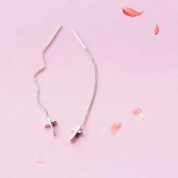 

100% 925 Sterling Silver Small Cross Ear Line Threader Earings Jewelry Long Linear Chain Dangle Drop Earrings for Women