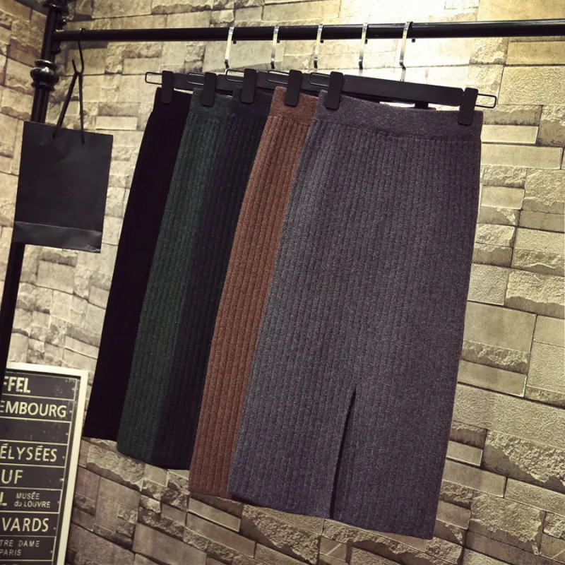

Autumn Winter Split Midi Knitted Skirt Women 2019 High Waist Pencil Skirt Warm Black Skirt Women Faldas Largas Mujer Para Fiesta