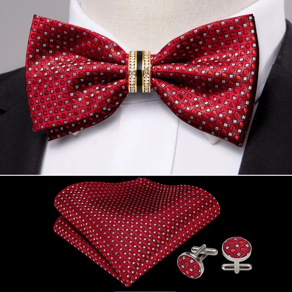 

Red Polka Dot Silk Pre-Bow Tie For Men Wedding Accessorie Adjustable Butterfly Handky Removable Diamond Ring Set Barry.Wang