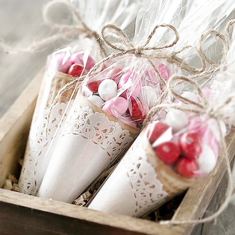 50 Uds. De bolsas de almacenamiento de cono de caramelo transparente para Baby Shower, mochilas de regalo para niños, bolsas de golosinas para fiesta de feliz cumpleaños