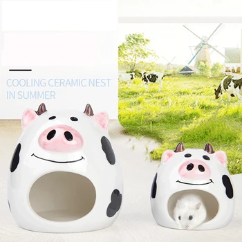 

Hamster Cute Cow Small Pet Ceramic House Sleeping Nest Pet Bed Rat HamsterToys Cage for All Seasons HouseAccessories