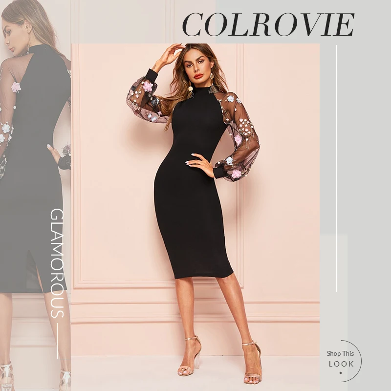 COLROVIE/Черное Кружевное приталенное платье с рукавом реглан и разрезом сзади, женское облегающее платье со стоячим воротником, элегантное платье-карандаш, миди