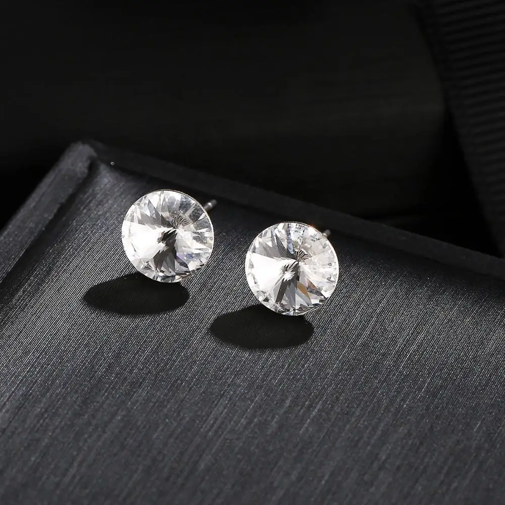 Clear Crystal Простые трендовые серьги-гвоздики с круглыми кристаллами Сваровски, серебряные корейские серьги для женщин, вечерние ювелирные изделия для свадьбы - Окраска металла: Clear Crystal