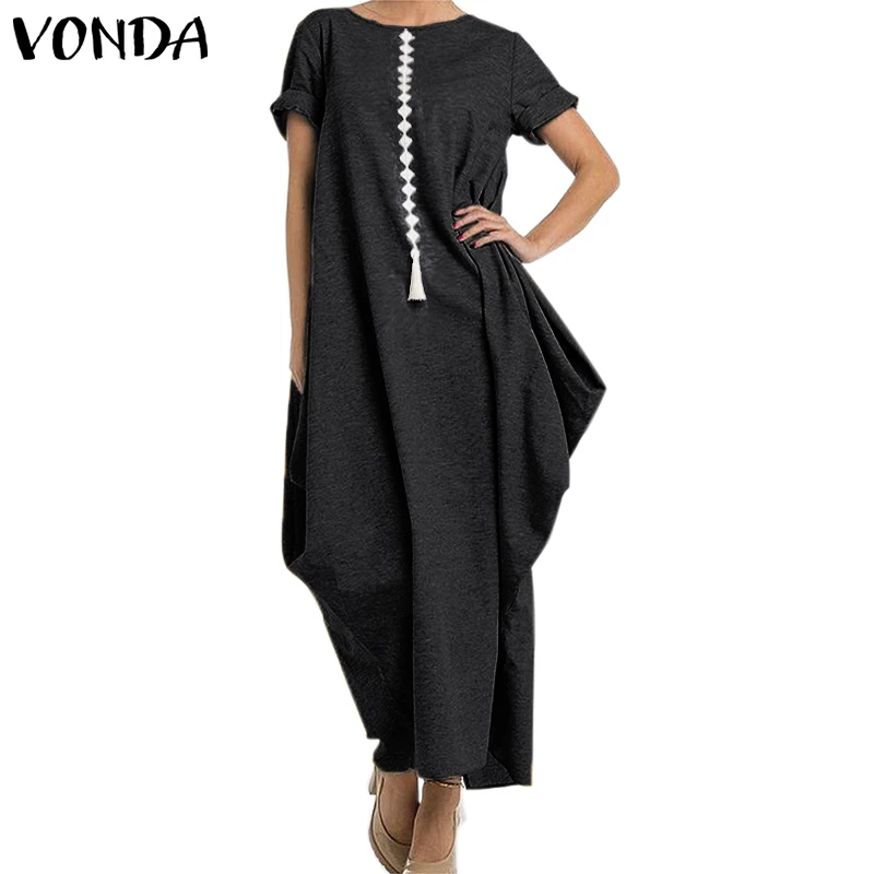 

Women Maxi Long Dress VONDA 2019 Summer Sexy Irregular Short Sleeve Dress Plus Size Vntage Solid Vestido Casual Loose Sundress