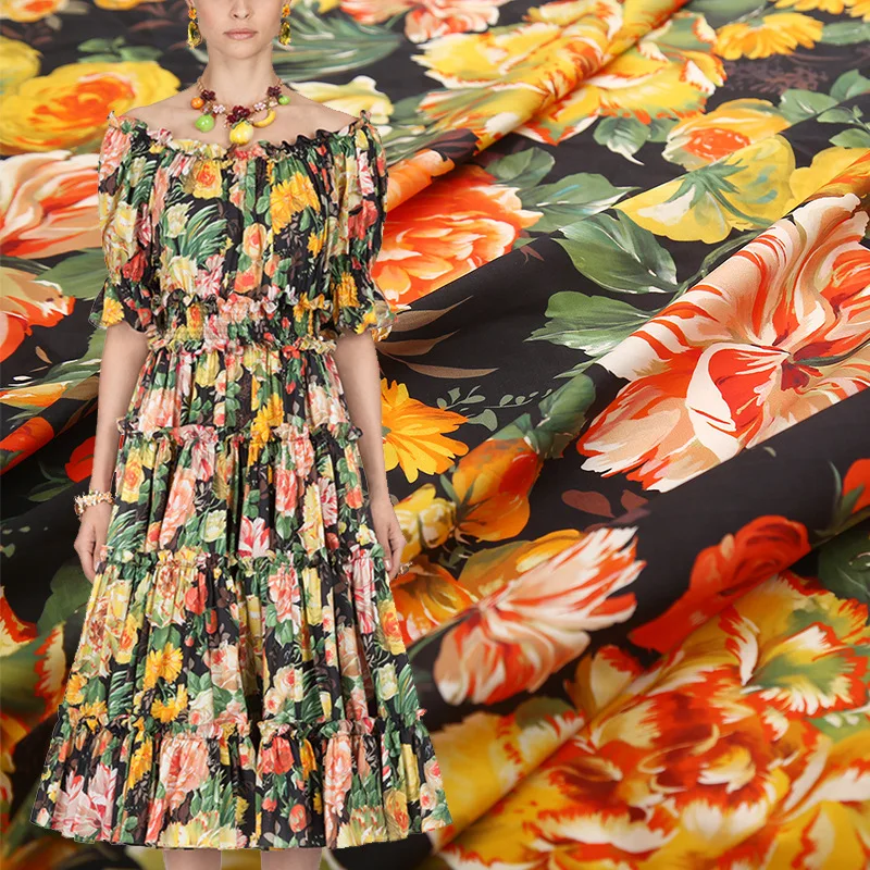 

New wind color flower digital printing clothing handmade DIY fabric cotton clothing fabric for polyester silk satin dress shirt