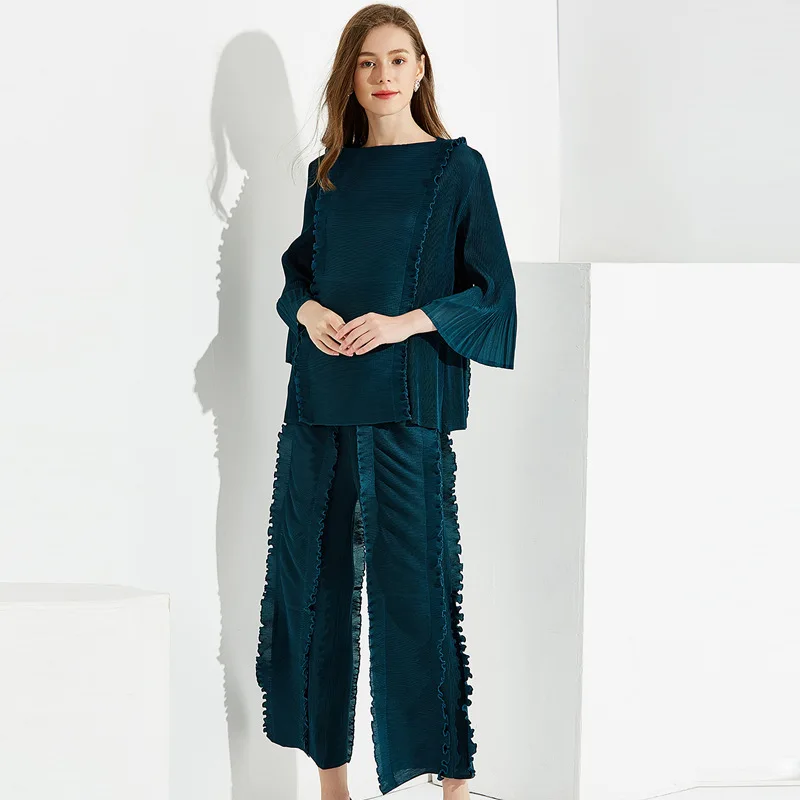 

2019 Autumn New Style Frilled Solid Color Long-sleeved Upper Garment Straight-Leg Trousers Two Pieces Fashion Pleated WOMEN'S Su