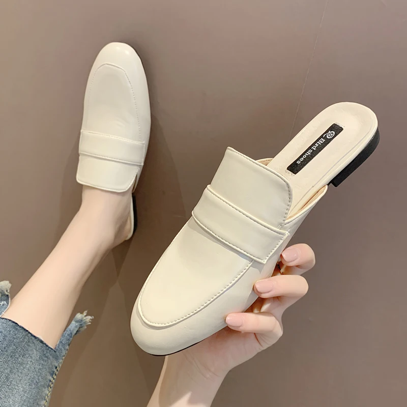 

Square Toe Shoes Luxury Slides Flat Slippers Platform Shose Women Heeled Mules Designer Cover 2019 PU Basic Rubber Fashion