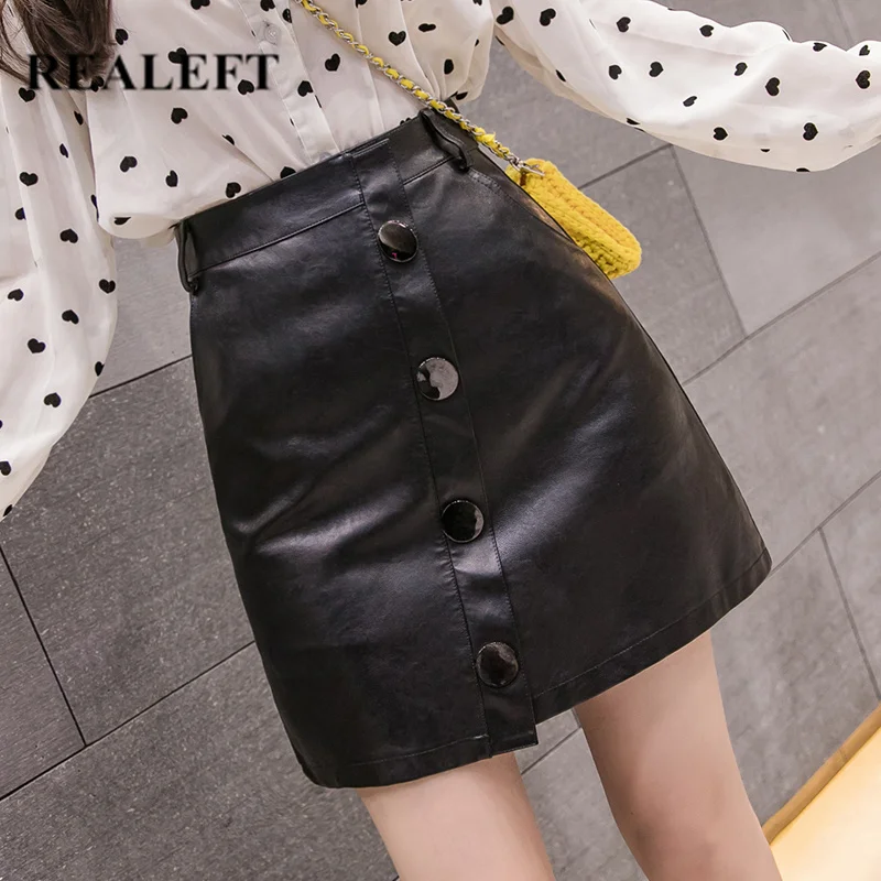 

REALEFT Autumn Winter Sexy Short A-Line Skirts High Waist A-line Skirts Big Button Black PU Leather Wrap Skirts Female 2019