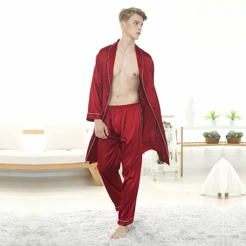 Robe Set Male Nightgown Kimono Man Pajamas Pyjamas Men Sleepwear Faux Silk Bathrobe Dressing Gowns Robe Set Male Nightgown Kimono Man Pajamas Pyjamas Men Sleepwear Faux Silk Bathrobe Dressing Gowns