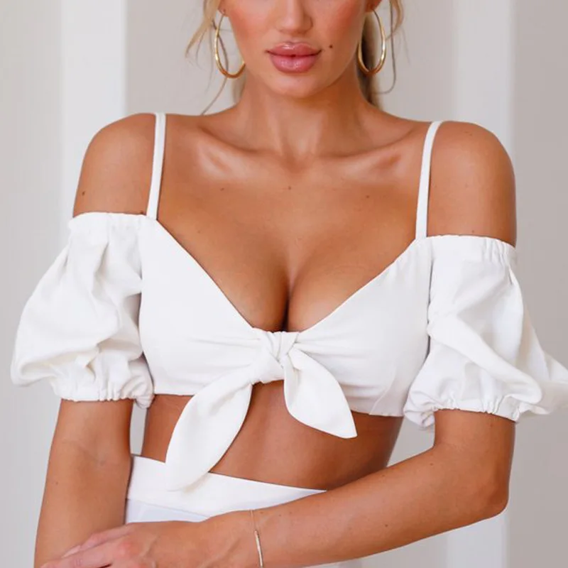 V Collar with Short Sleeve Chiffon Sling Vest Halter Bow Blouse Puff Sleeve Women's Wear Summer Belly Corp Tank Top Fashion Vest