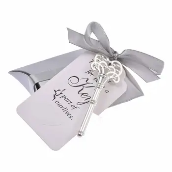 

50pcs Wedding Candy Souvenir Gift Set Pillow Candy Box Vintage Skeleton Key Opener French Ribbon Wedding Favor Gifts for Guests