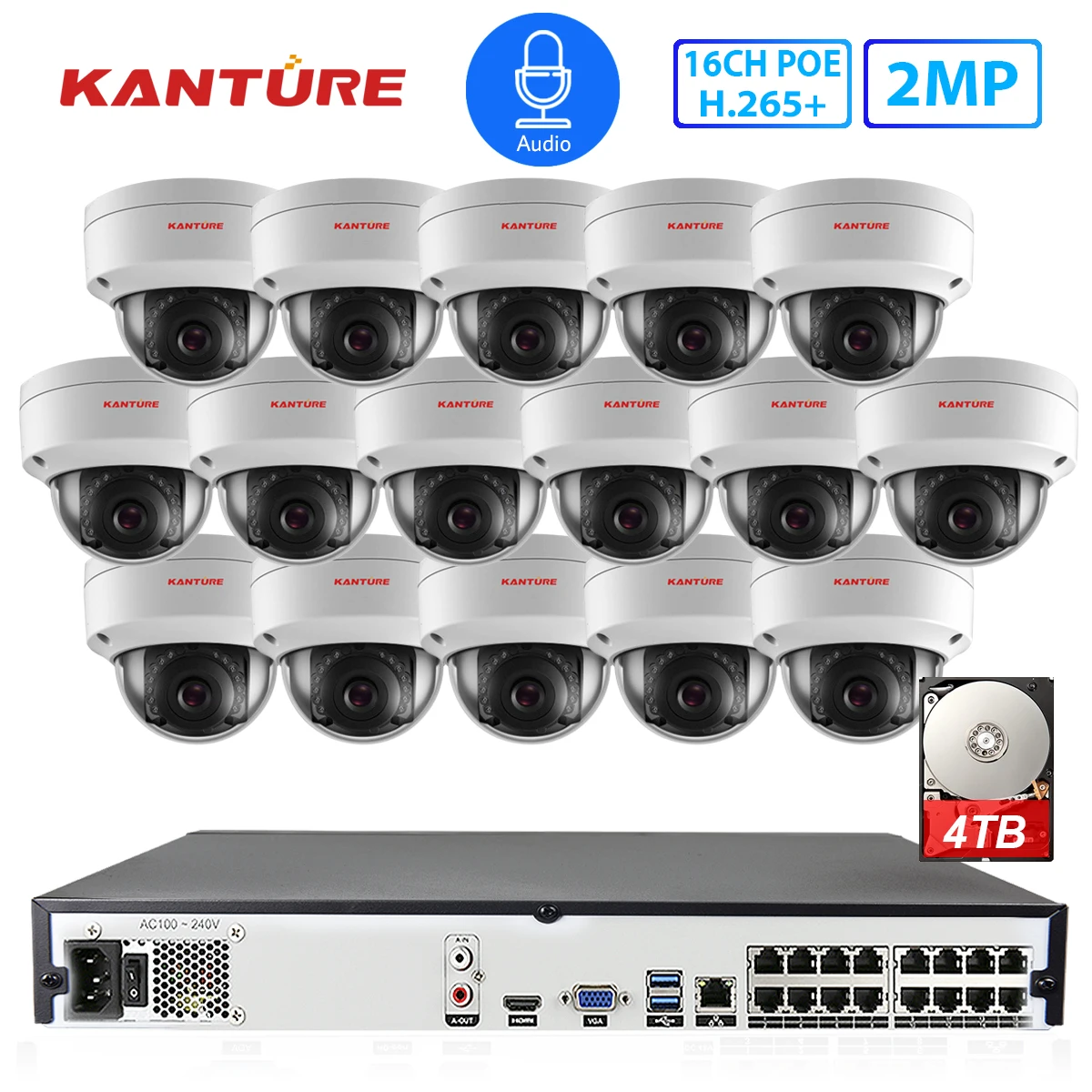KANTURE 16CH H.265 + 5MP POE NVR комплект 16x2 Мп 1080P Аудио запись VandalProof безопасность наружная IP