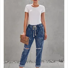 Новинка, модные женские джинсы, повседневные штаны для бега, свободные, тонкие, высокая талия, небесно-голубой цвет, Круглый, с потертостями, с карманами, джинсовые штаны для бега