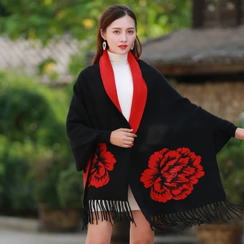 

Black Female Scarfs Double Sided Air Dual-purpose Shawls With Sleeve Cashmere Coat Cloak Thickening Brand Winter Warm Wool Scarf