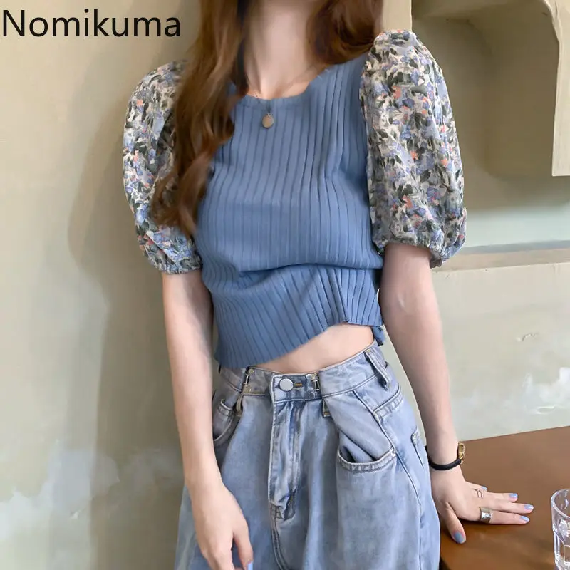 Женский трикотажный топ с короткими рукавами Nomikuma корейский облегающий Короткий