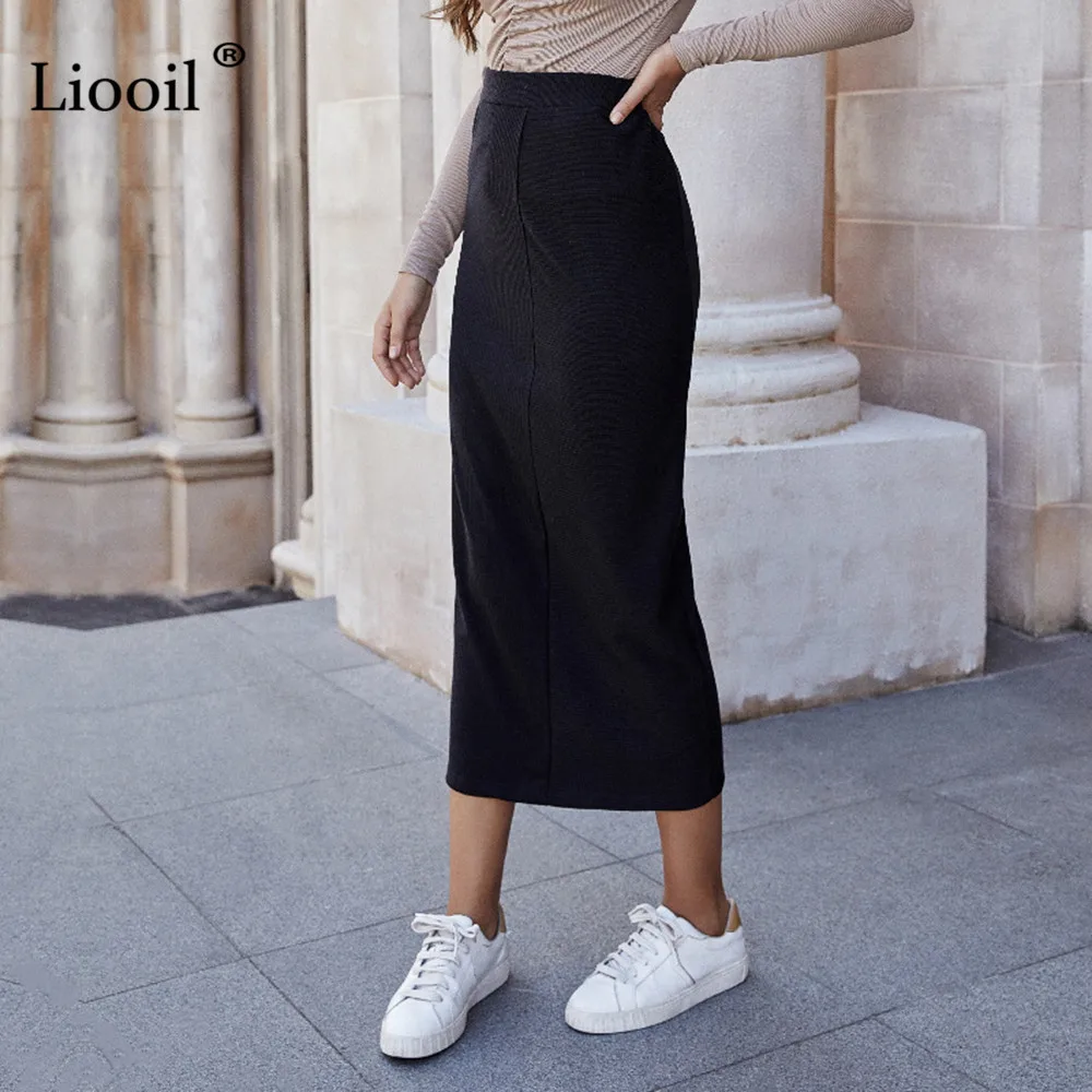 Black Knitted Midi Skirt For Women 2021 High Waisted Autumn Winter Clothing Vintage Elegant Ladies Long Straight Wrap Skirts | Женская